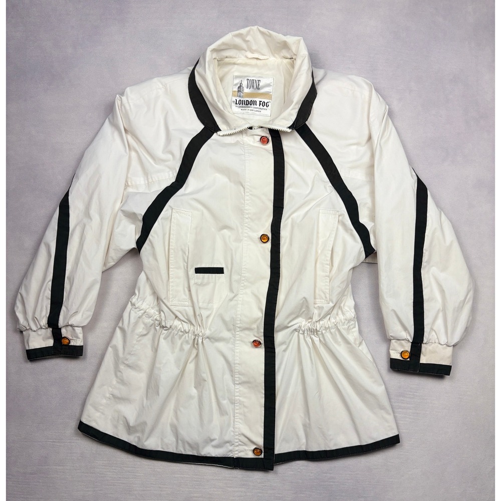 Vintage Towne London Fog‎ Cream White Black Trim Colorblock Jacket Womens Small
